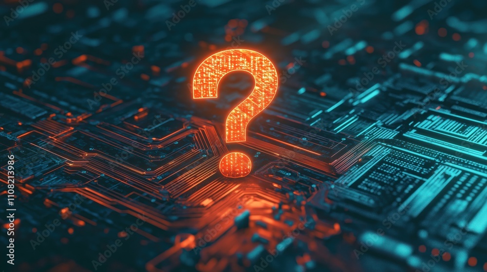 Poster Glowing question mark on tech circuit board. Digital inquiry, exploration concept. Futuristic tech landscape. Exploring new possibilities. Modern design. Tech innovation. Questioning future trends.