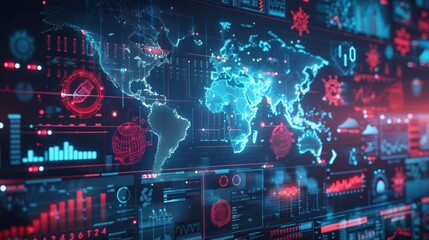Obraz premium Digital world map with data visualization and technology graphics.