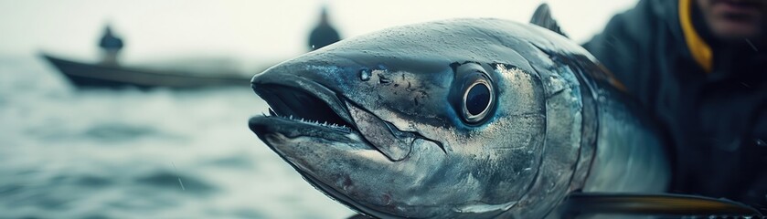 Fisherman capturing bluefin tuna on camera for research purposes, calm ocean backdrop, and soft tones