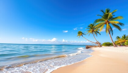 Tropical beach scene with palm trees under a vibrant blue sky. Gentle waves lap onto the sandy shore.
