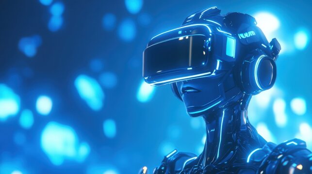 Futuristischer roboter mit vr-headset und holografischen effekten