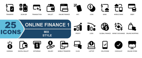 Fototapeta premium finance online icons.style glyph black.contains cash machine,withdraw,mobile transfer,laptop,cellphone,checklist,online store. 