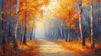 Fototapeta premium Oil Painting Depicting a Sunlit Path Through an Autumn Forest