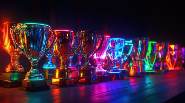 Gl&auml;nzende pokale auf einem tisch mit buntem licht