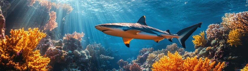 Fototapeta premium Shark gliding near coral reefs, underwater view with sunlight streaks and vibrant marine life