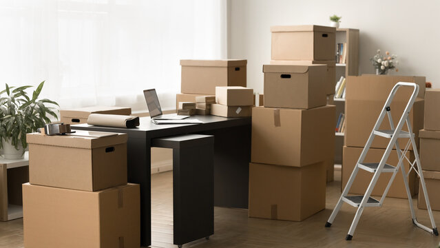 E-commerce storage space with no people at workplace. Delivery office interior with work table, laptop computer among stacked logistic boxes for shipping, transportation,