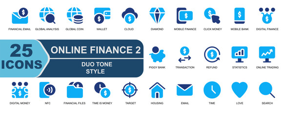 online finance icon set. blue duo tone style. contains digital icons, love, favorite, searching, search,, mail, global analysis, analysis, global coin, wallet.


