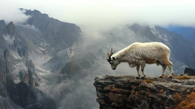 Mountain goat navigating a rocky cliffside - A mountain goat expertly maneuvers along a steep, rugged cliffside, showcasing adaptability and the raw beauty of nature 4K Video