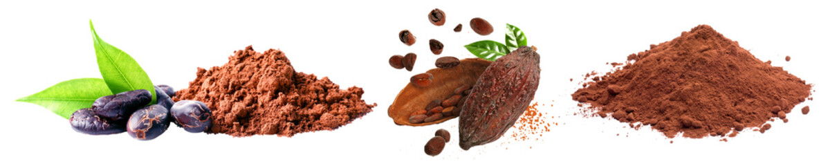 semillas de cacao con chocolate en polvo y fruto de cacao natural aislado en fondo transparente  alta resoluci&oacute;n achocolatado cacao molido cacao en polvo