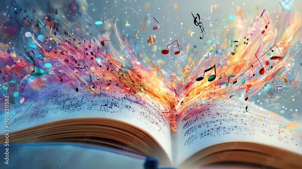 Poster Open book with musical notes flying out, creating a symphony of color and sound