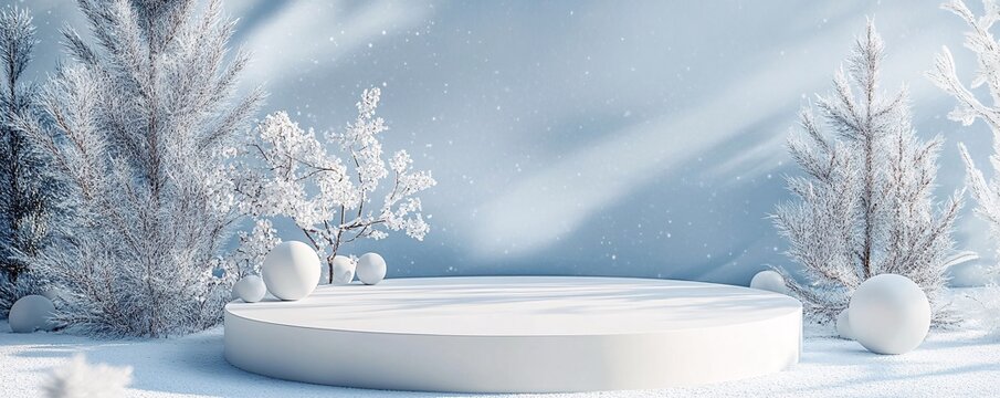 White podium displaying winter product on snowy landscape with pine trees