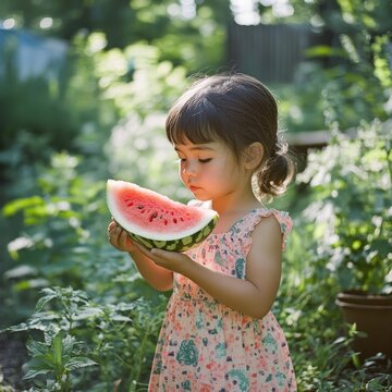 A playful photo of a mixed-heritage child tasting a juicy slice of watermelon in a lush garden, captured with a Zeiss Batis 18mm f/2.8 lens under natural light, radiating joy and refreshment.