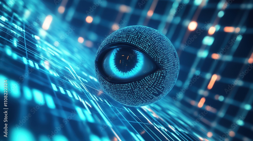 Leinwandbilder Futuristic eye symbol floats over digital grid. Tech eye network concept. Data processing, surveillance. Cyber security tech. Modern data network. Digital eye. High tech. Eye tracking. Network