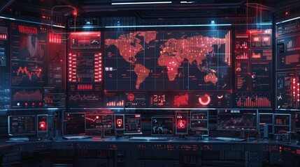 Obraz premium Futuristic control room with global map and data analytics displays.