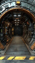 Fototapeta premium A futuristic metal hallway with a round doorway at the end leads to a closed metal door.