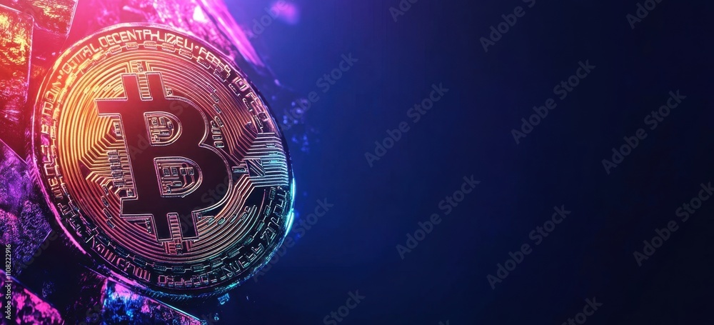 Wall mural a modern web banner of bitcoin with a stock chart, featuring a hologram effect on a dark blue backgr