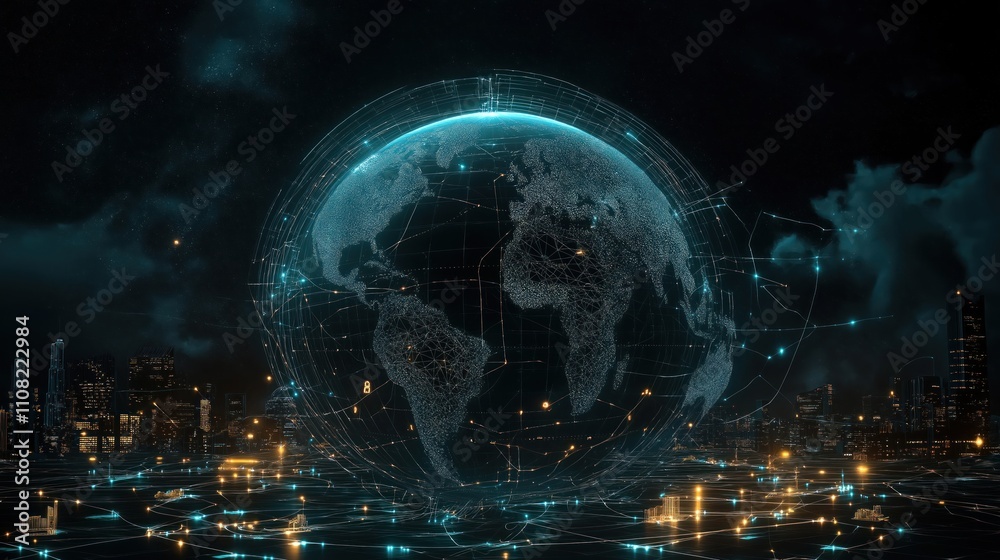Poster Global digital tech network. Futuristic cyber earth surrounded by glowing city lights. Interconnected global digital network. Global data flow. International tech hub. Global connectivity. Future