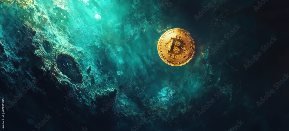Wall mural digital illustration of bitcoin and trading chart background, digital art, dark blue gradient backgr