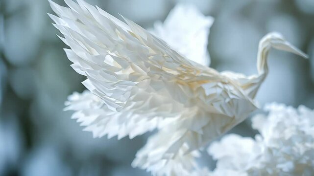 A paper sculpture depicting a bird with its wings gracefully spread out, showcasing the intricate details of the art form, Depict an origami crane crafted from binary permutations, 4K Video