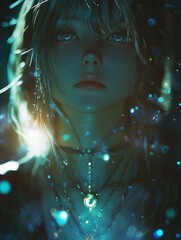 Sensitive female model portrait with a light magical glow around, shiny anime-style picture
