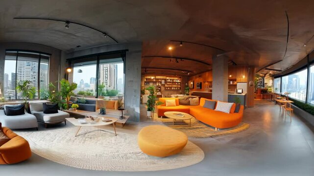An immersive 360-degree equirectangular projection spherical panorama of a collaborative co-living space, with shared amenities, community-focused design, and 4K Video