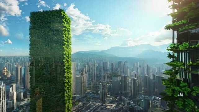An immersive 360-degree equirectangular panorama of So Paulo in the future, with vertical gardens covering skyscrapers and high-rise 4K Video