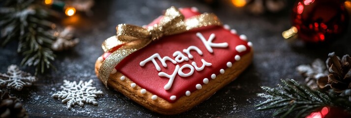 A festive scene with a bright red gingerbread cookie featuring a 'Thank You' note, framed by decorations and glowing light bokeh.