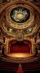 Obraz premium A grand, ornate stage with red velvet curtains, a golden dome, and rows of red velvet seats in an old opera house.