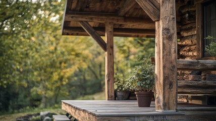 A wooden porch with a view of the forest. The porch is decorated with potted plants and a bench