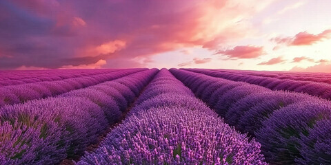 Obraz premium Lavender Fields at Sunset with Vibrant Colors, Perfect for Nature Themes, Relaxation Concepts, and Travel Inspiration