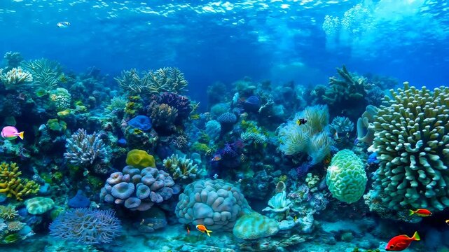 An immersive 360-degree equirectangular panorama of a bustling coral garden, with colorful corals and sponges covering every surface 4K Video