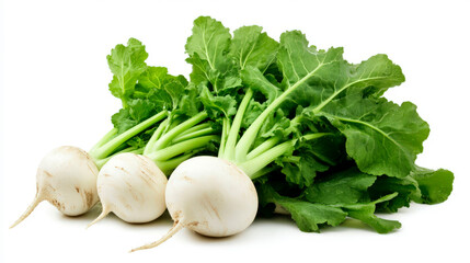 Three fresh turnips with green tops are neatly arranged against a white background