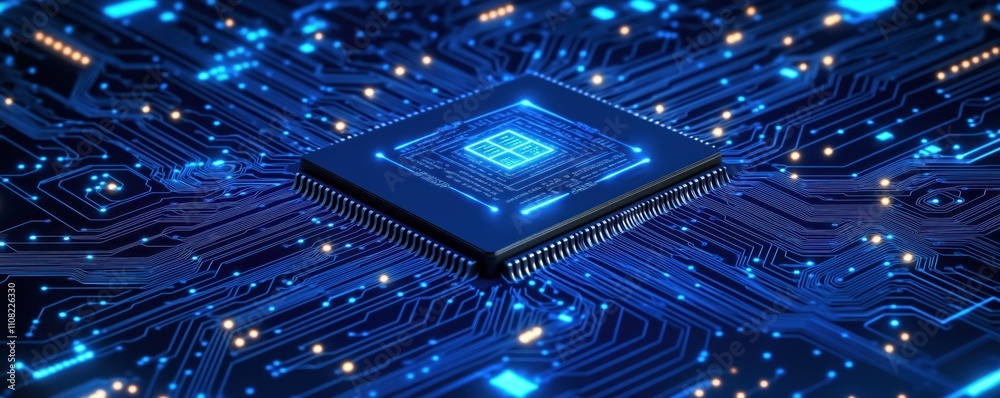 Aufkleber Advanced ai processor chip positioned on intricate circuit board. Blue tech background emphasizes high-tech design. Modern computing concept highlighted. Future tech trends showcased. Illustrates