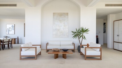 Fototapeta premium A cozy living room that features a couch and two matching chairs