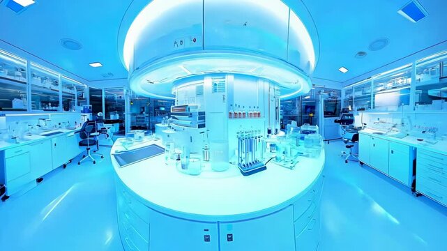 An immersive 360-degree panorama of a cutting-edge biotechnology lab, where scientists conduct groundbreaking research and develop innovative medical 4K Video