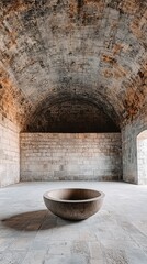 A large, round, stone bowl sits in the center of an arched, stone room.