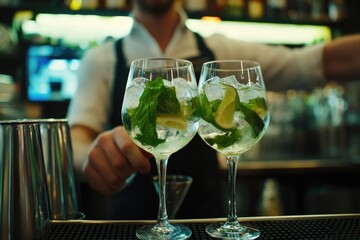 Two glasses of a green drink are on a bar