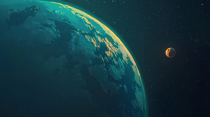 Obraz premium The earth from space with visible continents and a distant moon. Shadowed. Illustration