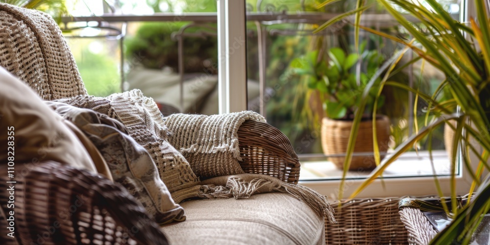 Wall mural Cozy living room with a white couch and a plant in a pot