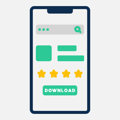 Illustration of a mobile interface with a search bar, star ratings and download buttons. Suitable for presentations, app design and digital marketing.