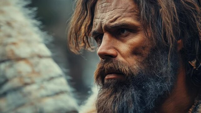 Man with a beard and a fur coat is standing next to a large animal. hyperrealistic Video