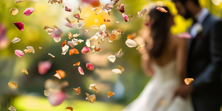 Close-up view of flower petals as natural ecological wedding confetti with bride and groom kissing in background, abstract background - Powered by Adobe