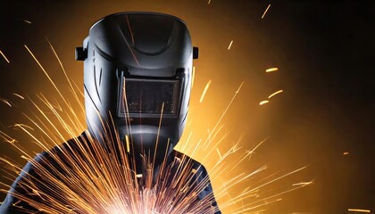  Fire sparks flying from welder's mask, protective gear, welding, sparks and smoke, industrial