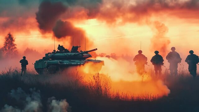 Group of soldiers are walking in front of a tank. hyperrealistic Video