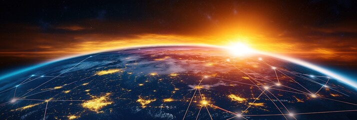 Global digital public-private partnership summit visualized. Earth seen from space with vibrant city lights. Global network of connections shown as glowing lines. Sunrise sunset above globe