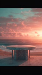 A round marble table stands alone on a beach with a vibrant sunset in the background.