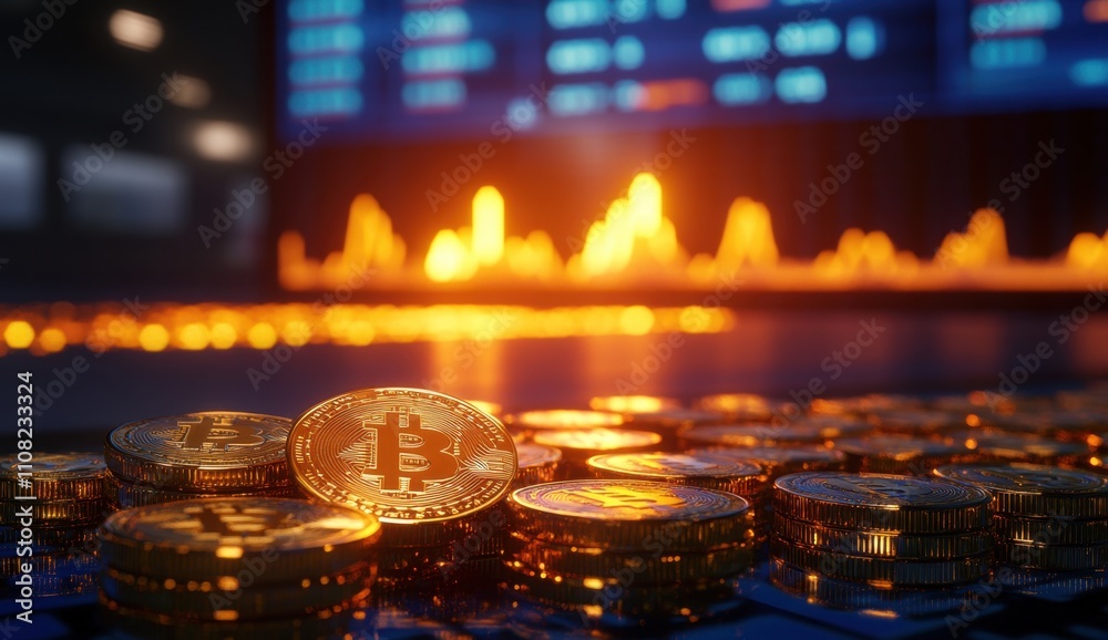 Poster in the foreground, golden coins with bitcoin symbols on them stand in rows against an office backgro