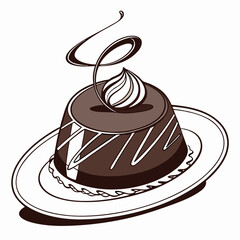 Chocolate cake topped with whipped cream, elegantly presented on a white plate.