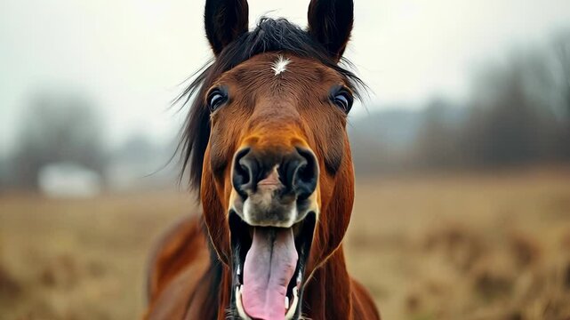 Brown horse is smiling and has its mouth open. hyperrealistic Video