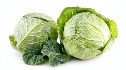 Fototapeta premium Two fresh savoy cabbages show off their vibrant green leaves on a white backdrop
